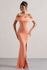 Coral Bardot Draped Split Maxi Dress